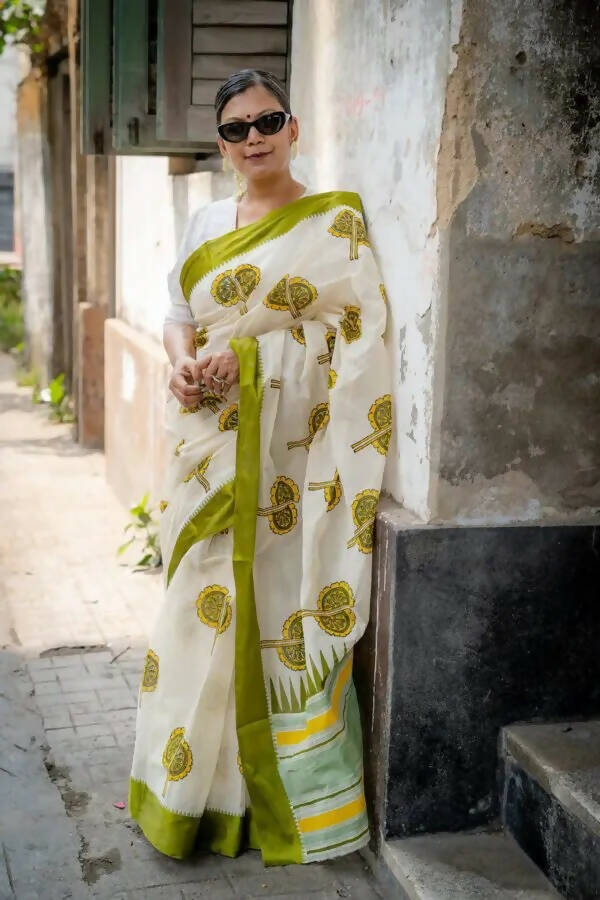 Haath Pakha White Cotton Printed  Saree