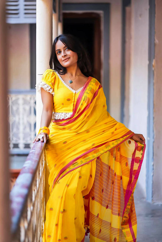 Lotus In The Yellow Field Cotton Saree