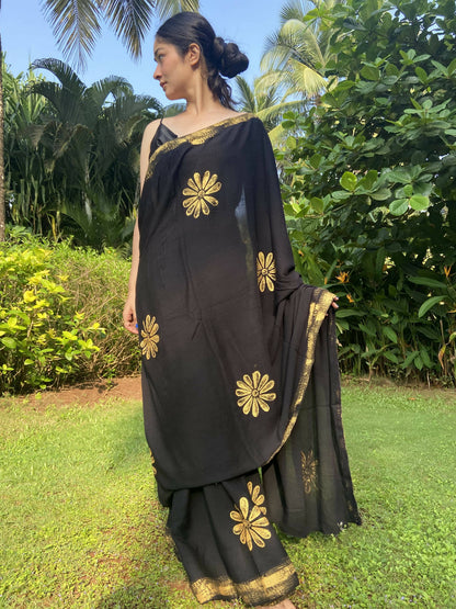 Black Viscose Crinkled Handpainted Saree