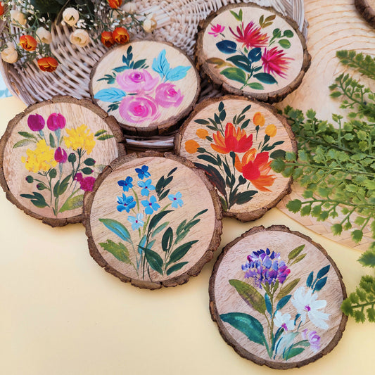 Handpainted Bark Coasters (Floral Set 3)- Set of 6