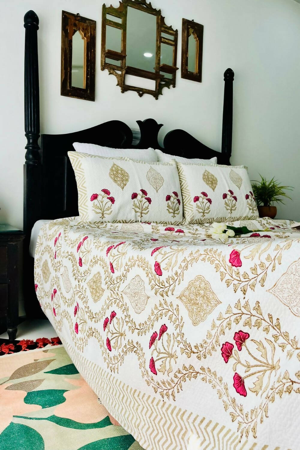 Rose Lily Handblock Printed Jacquard Bedcover