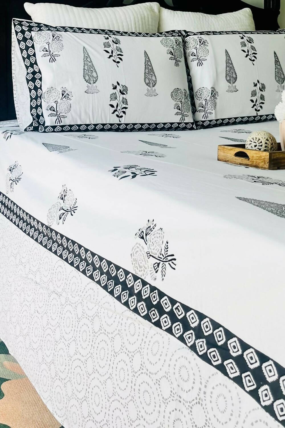 Black Cyprus Hand Block Printed Cotton Bedsheet - King Size