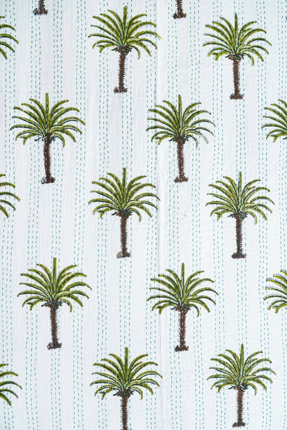 Palm Tree Block Printed Kantha Bedcover