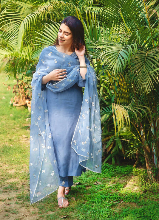 Blue Embroidered Organza Dupatta Set