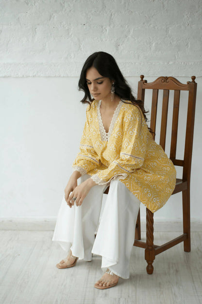 Yellow White Kurta Flared Pant Set